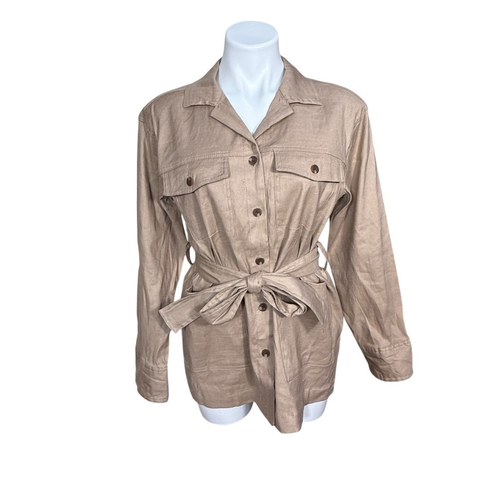 H Halston safari cargo belted linen blend tan jacket size large size  small